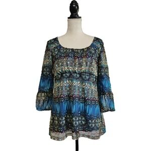 Dressbarn Blue Green Babydoll Mesh Overlay Top Size M Hippie Boho Gypsy Retro